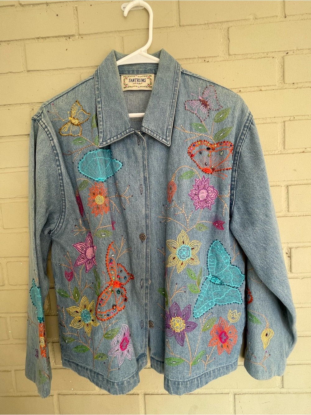Tantrums Light Denim Jacket with Floral & Butterfly Embroidery, Beading, Sequins